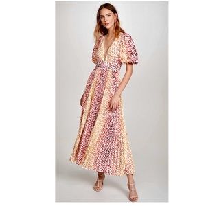 Rococo Sand Women's Orange White Leopard V-Neck Puff Belted Maxi Dress